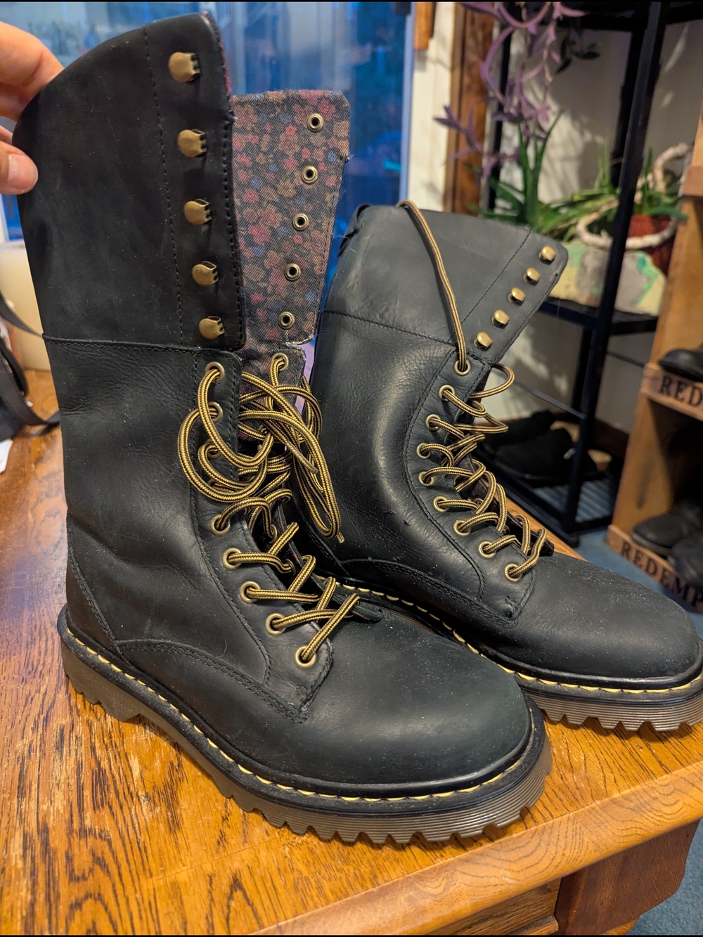 Dr. Martens Black Leather Combat Boots with Gold-Tone Hardware and Floral Tongue